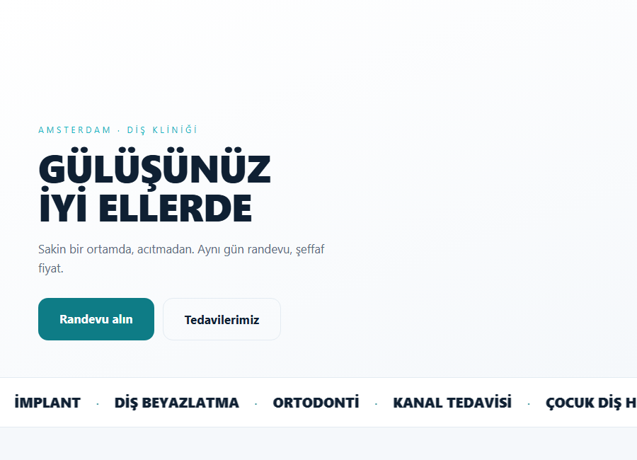 Diş kliniği için üretilmiş site: randevu ve tedaviler ön planda